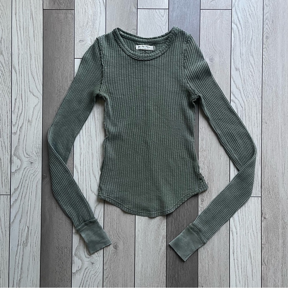 Free People Olive Green Ribbed Long Sleeve Top